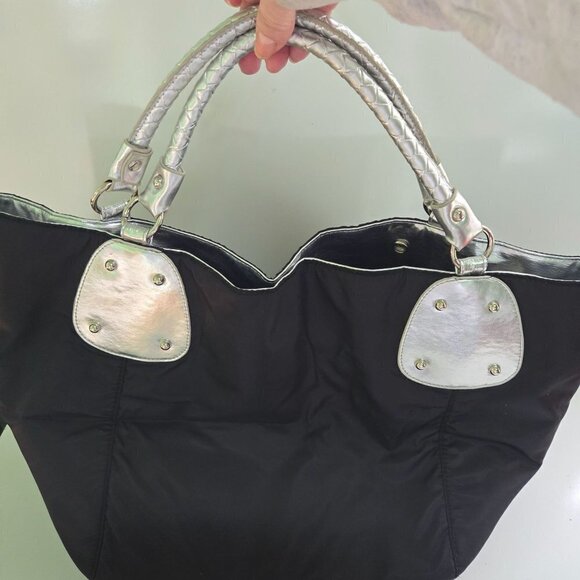 Attention Black Silver Convertible Designer Inspired Large Tote Bag - Picture 3 of 10